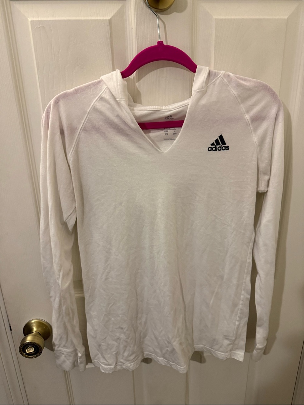 adidas White V-Neck Hooded Long Sleeve Top
